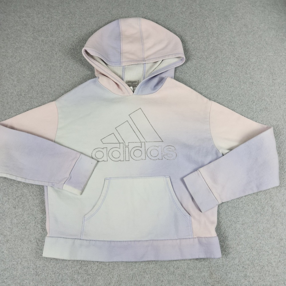 adidas Hoodie Girls M 10/12 Pastel Ombre Graphic Logo Fleece Lined Soft Pullover
